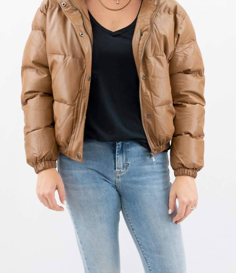NEW COALITION LA vegan leather puffer bomber jacket in camel